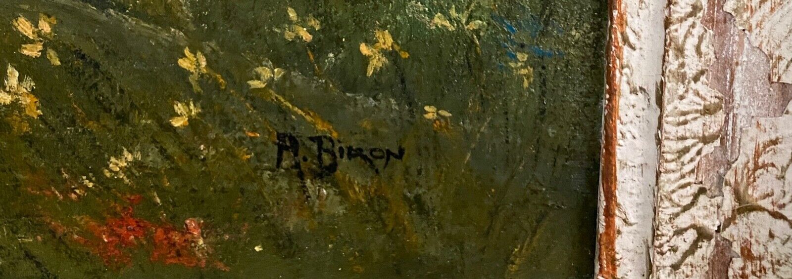 Oil on canvas by A. Biron XXth landscape by the river thatched cottage