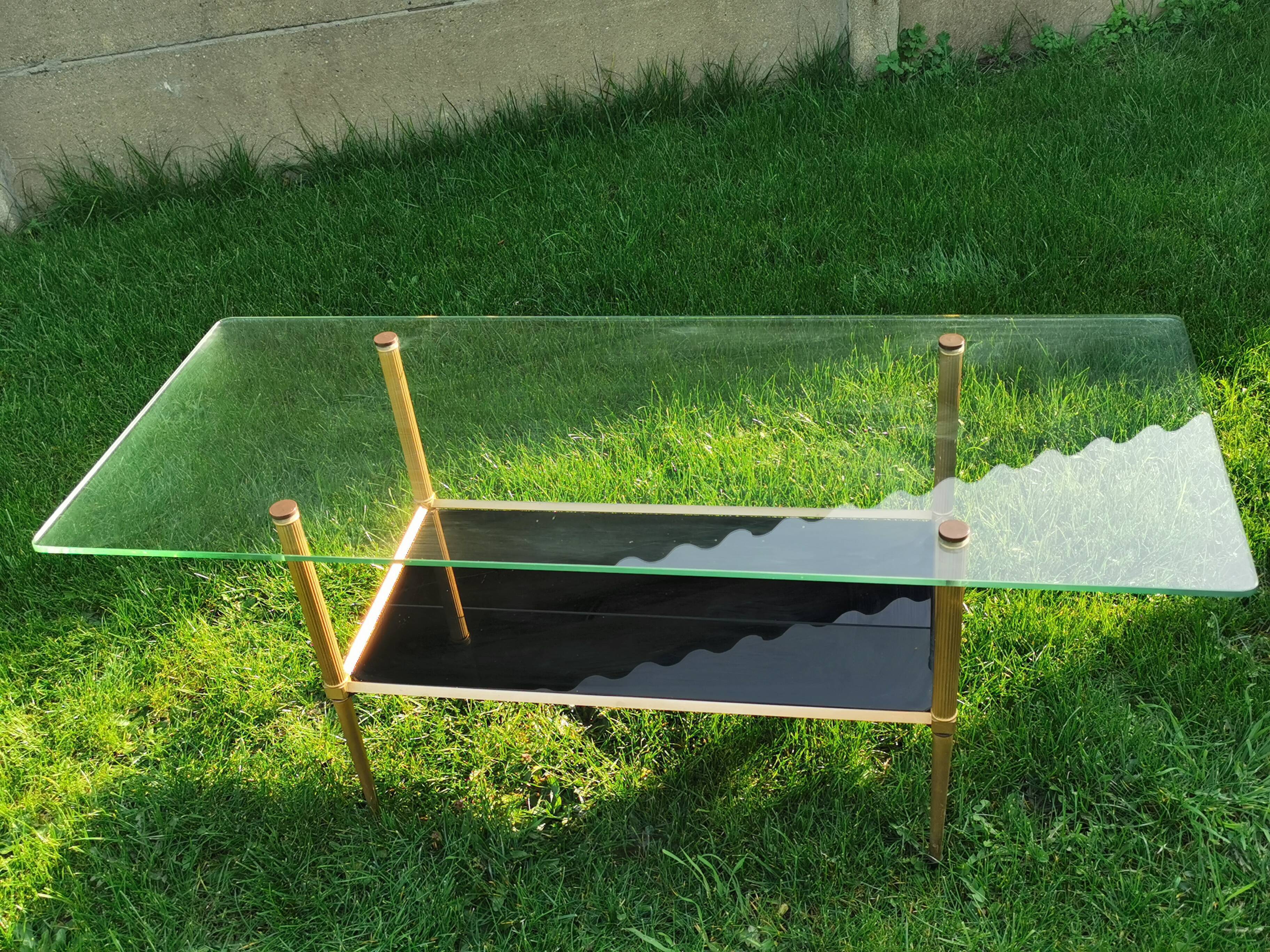 vintage coffee table, brass frame, glass and mirror tray, 50/60'S, 15 photos