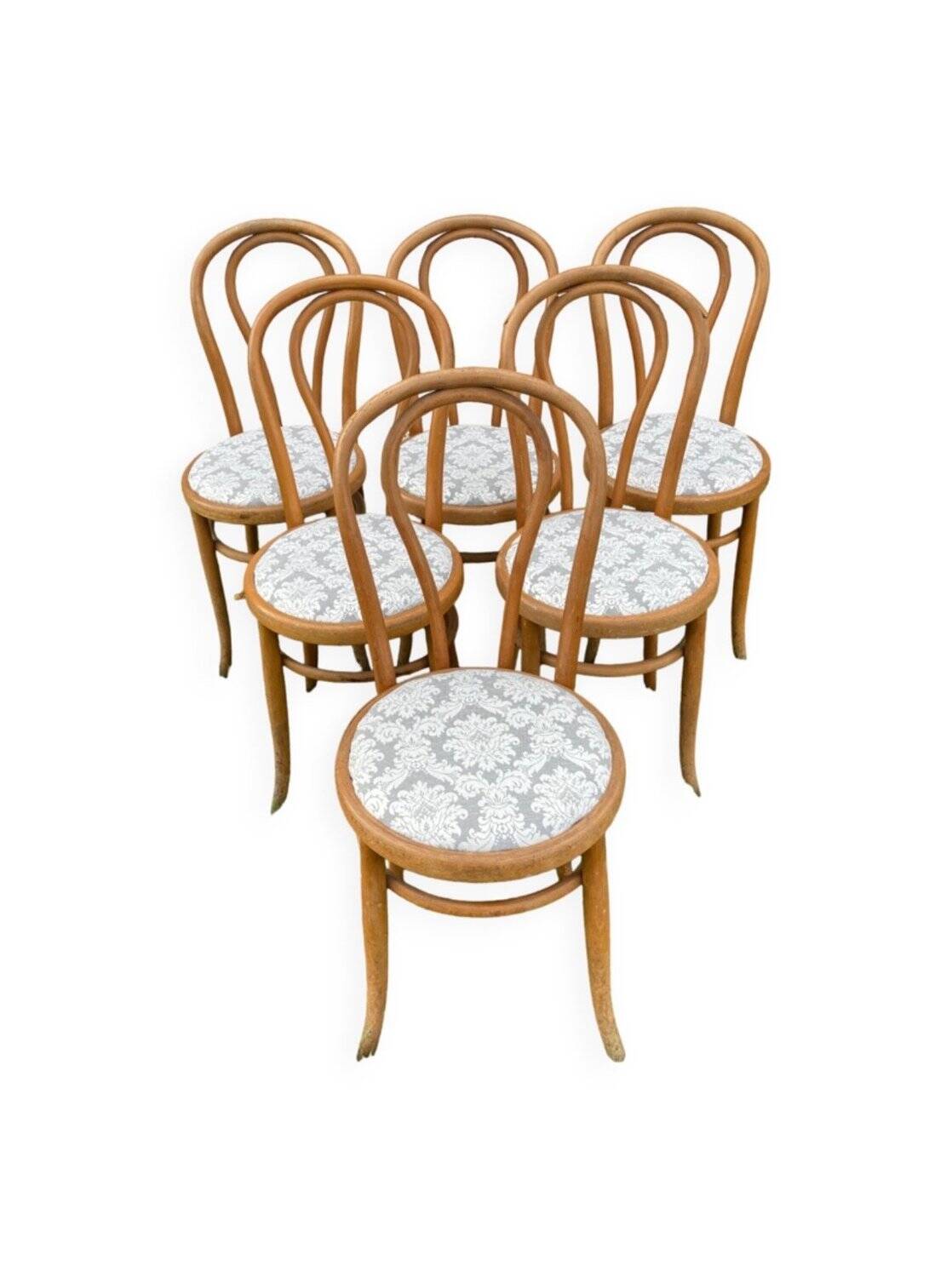 6 Bistro Chairs Fischel Thonet Bent Beech Damask Fabric