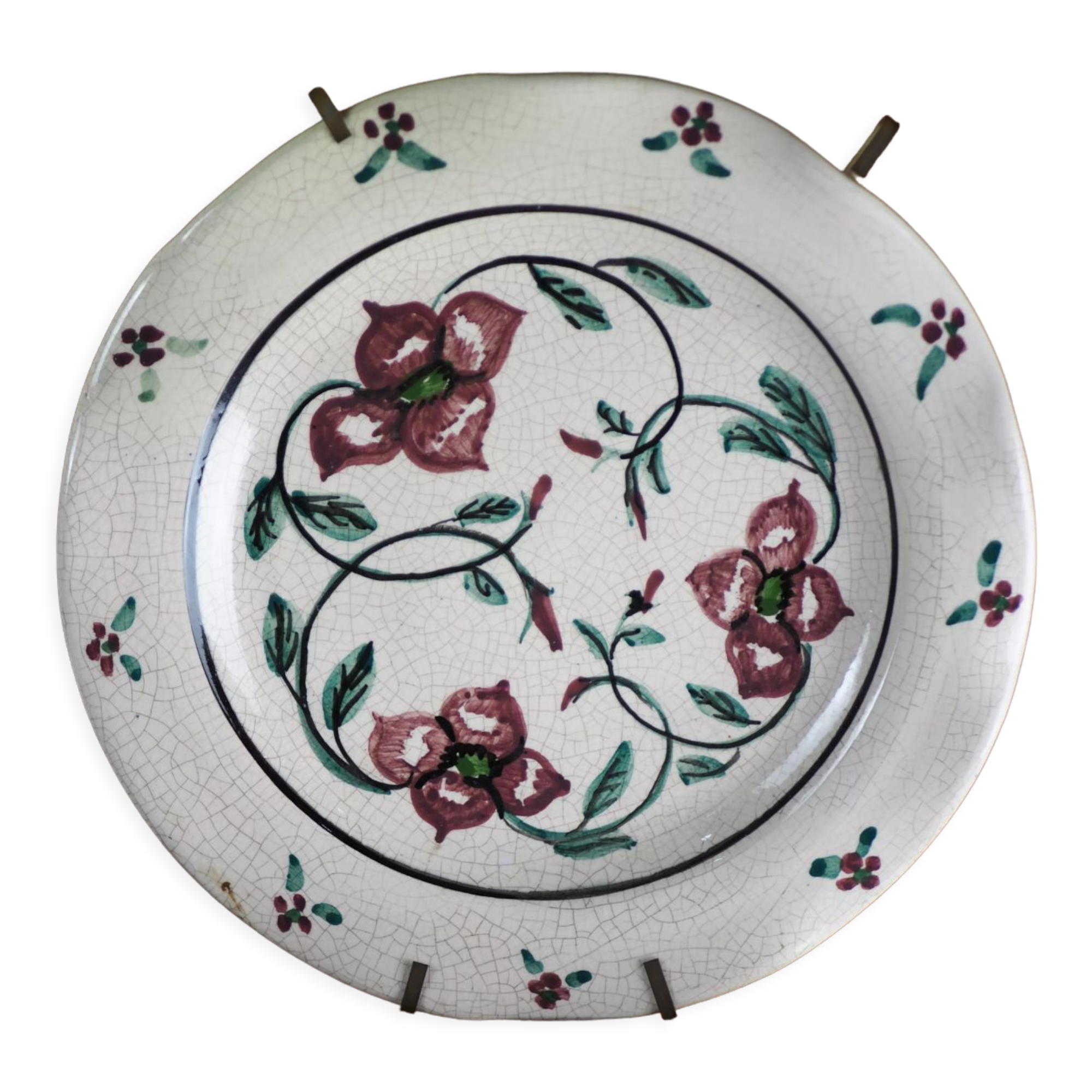 Meyssac plate decorated with flowers on cracked background early twentieth century and its support