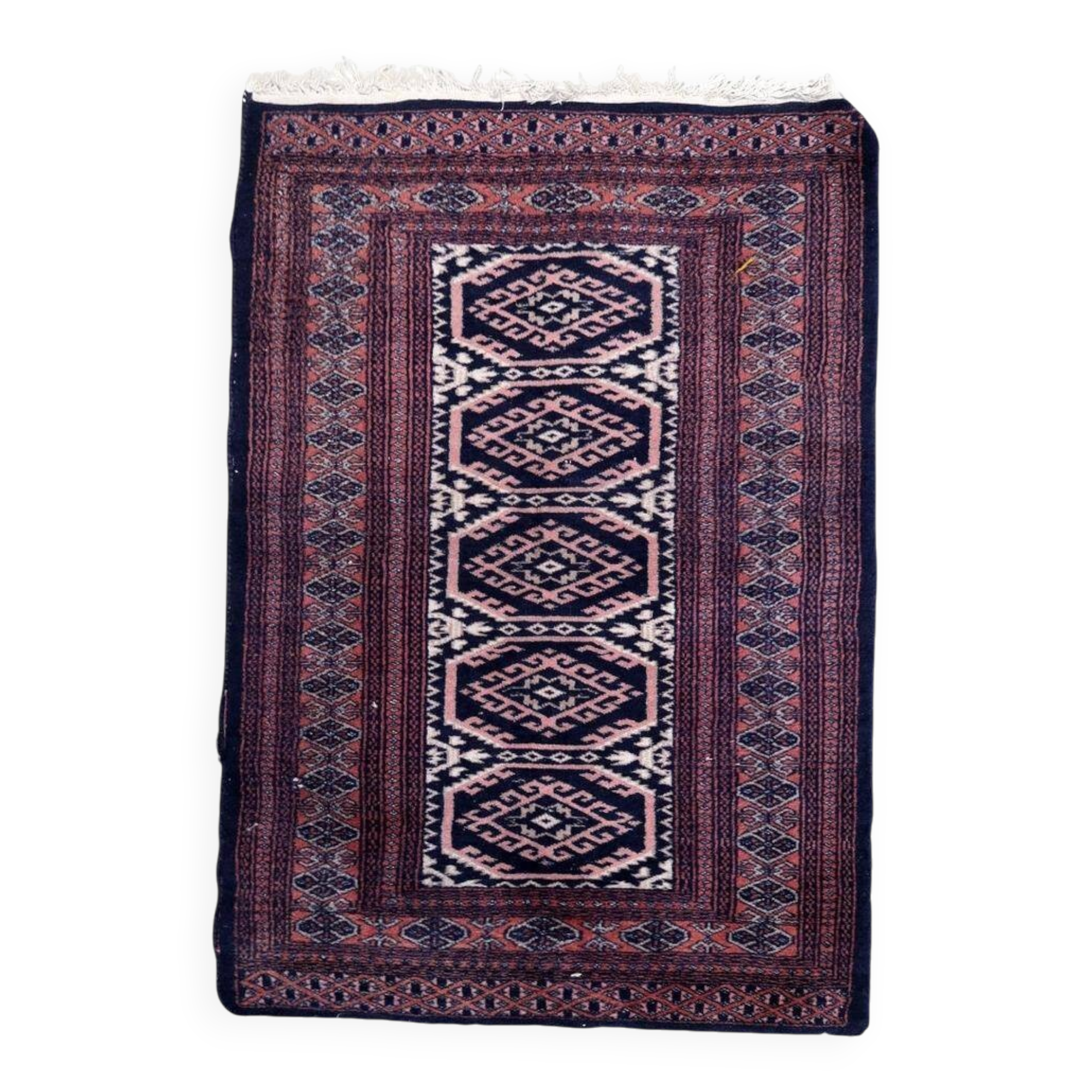 Handmade vintage 1960s Uzbek Bukhara rug – small wool tribal carpet (65cm x 95cm)