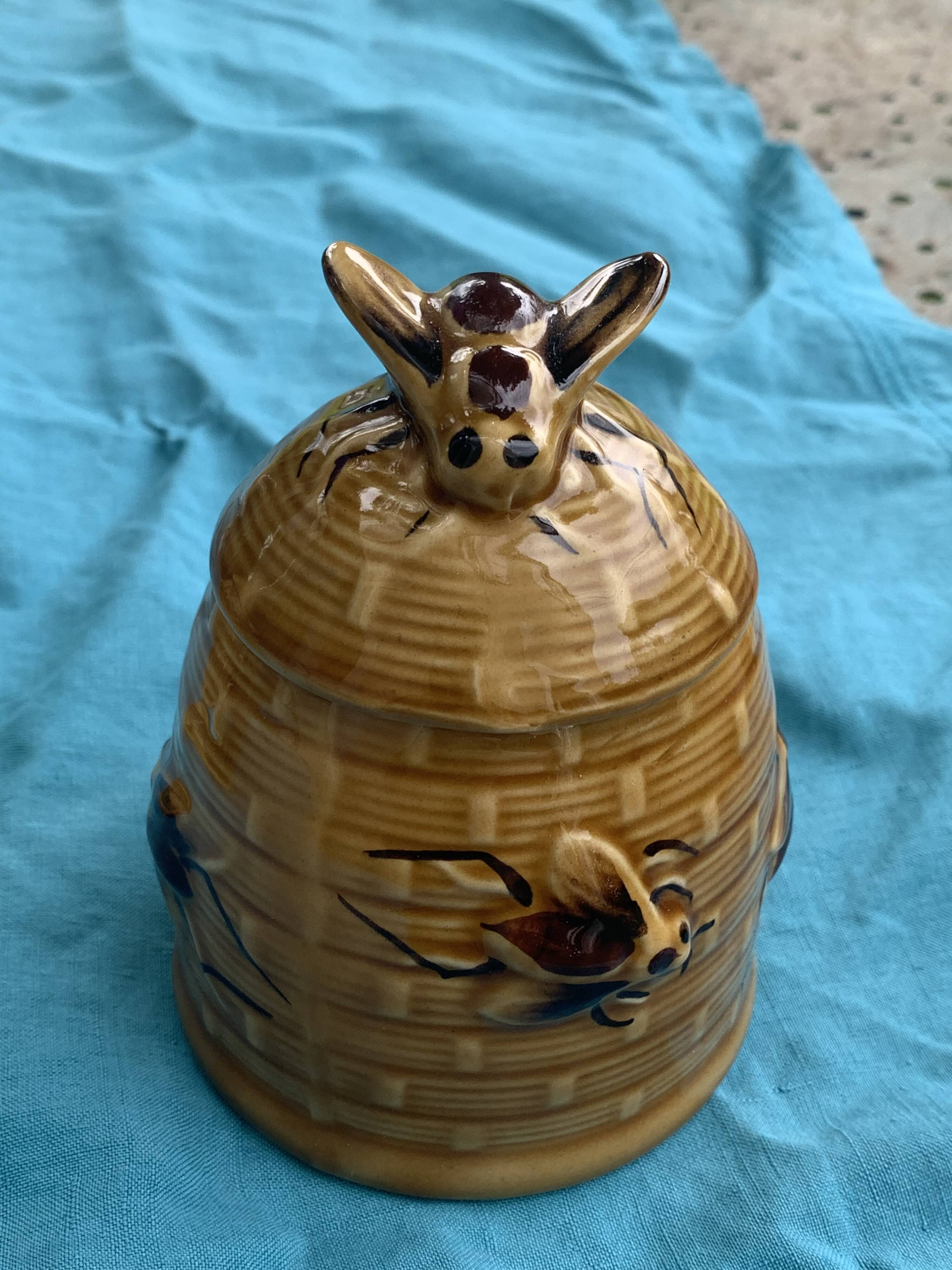 Beehive and bee honey pot in slip, vintage enameled ceramic