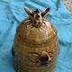 Beehive and bee honey pot in slip, vintage enameled ceramic