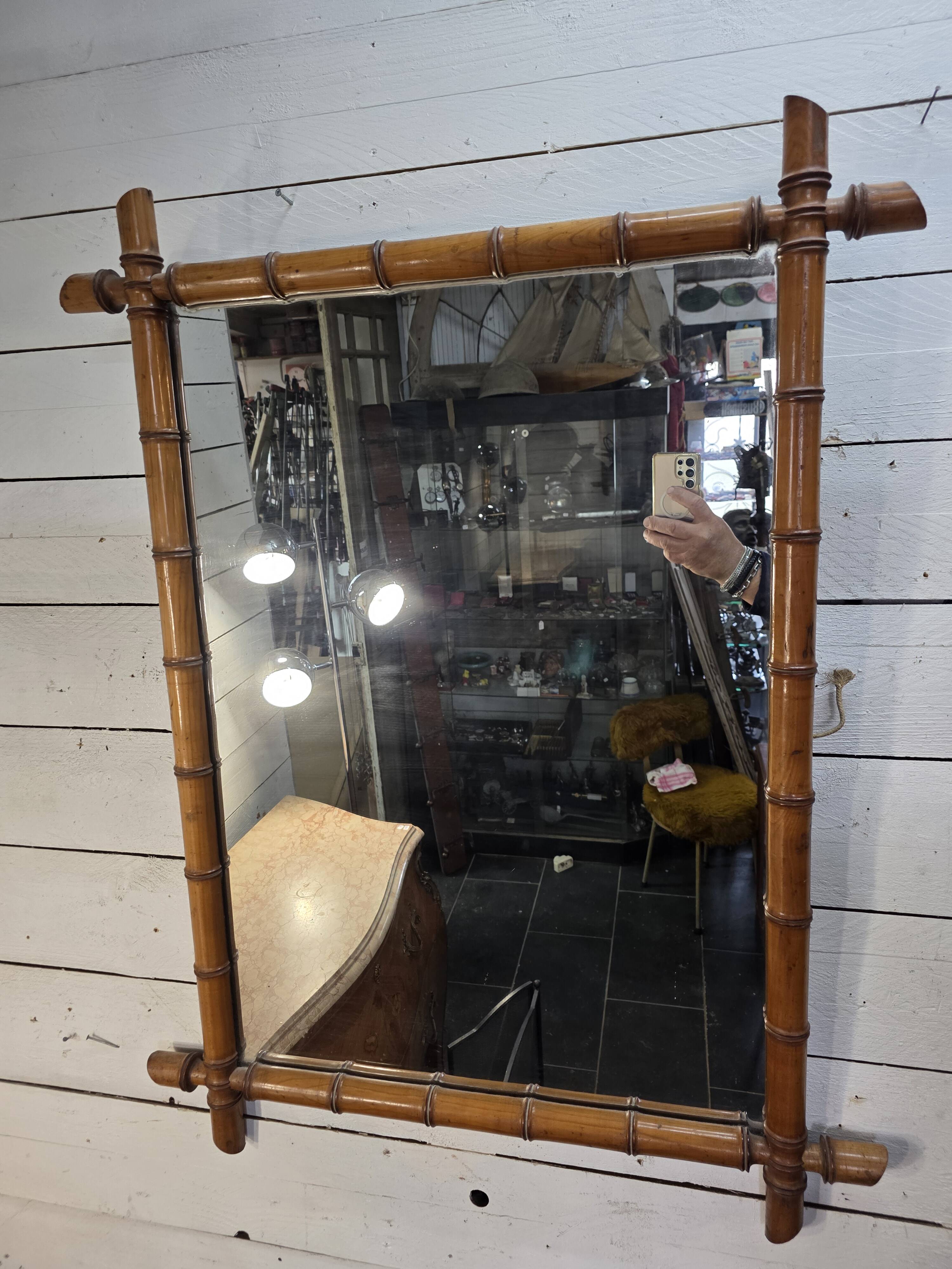 Large cherry wood bamboo mirror 100×76cm