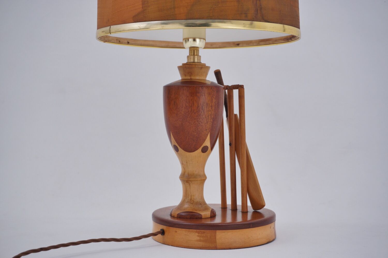 Marquetry wood inlaid table lamp, sport cricket theme, 1950`s ca, English, Rewired