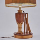 Marquetry wood inlaid table lamp, sport cricket theme, 1950`s ca, English, Rewired