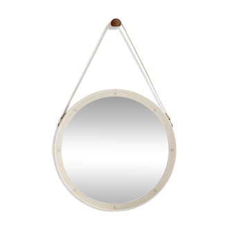 Jacques Adnet original cream leather mirror from around 1940.