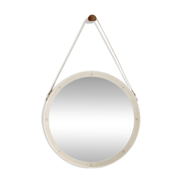 Jacques Adnet original cream leather mirror from around 1940.