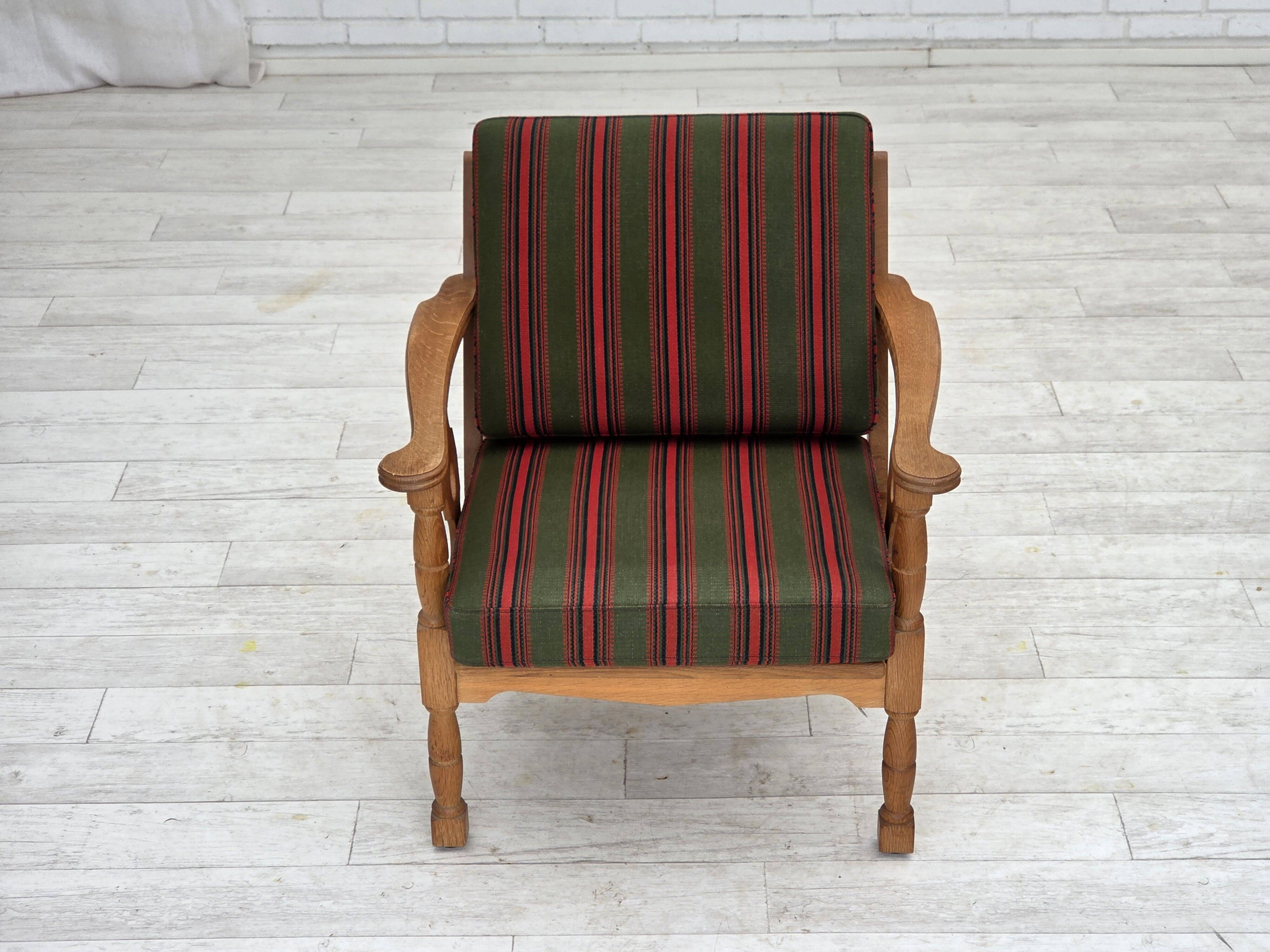 1970s, Danish armchair, green furniture wool, solid oak wood.