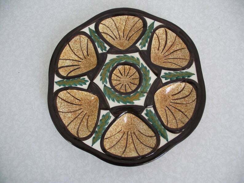 French Vintage Oyster Plate" St jean de Bretagne Faience Hand painted 1960s