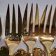 Gold metal fish cutlery, knives and forks 24 pieces