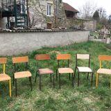 Set of 6 70s school chairs in different patinas and models
