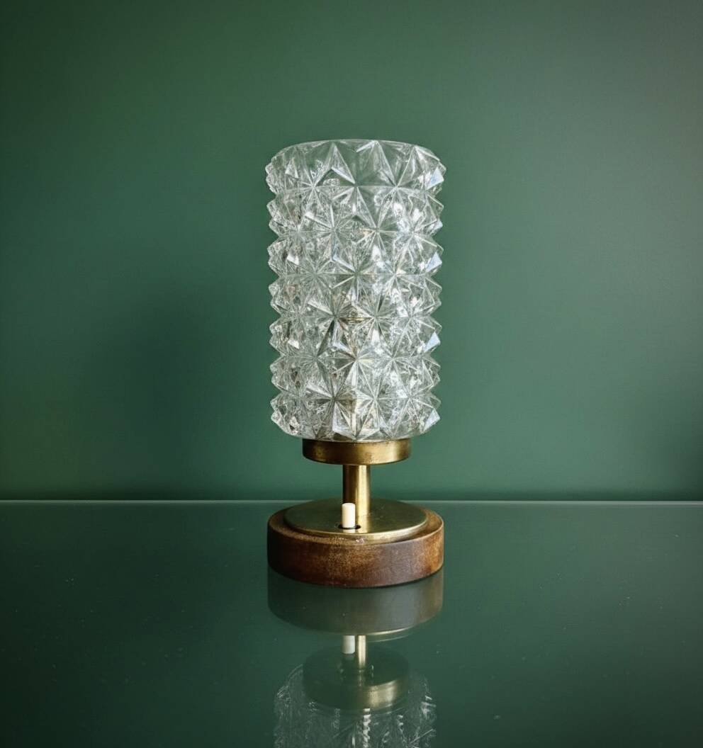 Vintage Mid-Century Scandinavian lamp in wood, brass, and pressed glass with spikes.