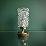 Vintage Mid-Century Scandinavian lamp in wood, brass, and pressed glass with spikes.