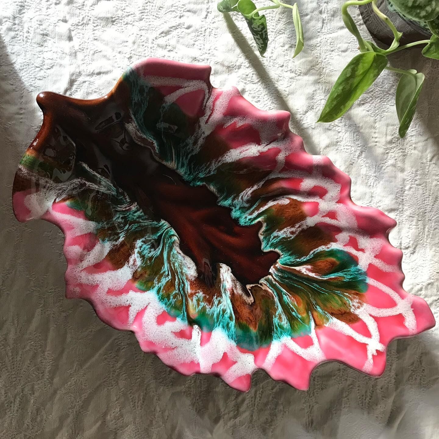 Vintage ceramic leaf dish Vallauris signed - pink and green