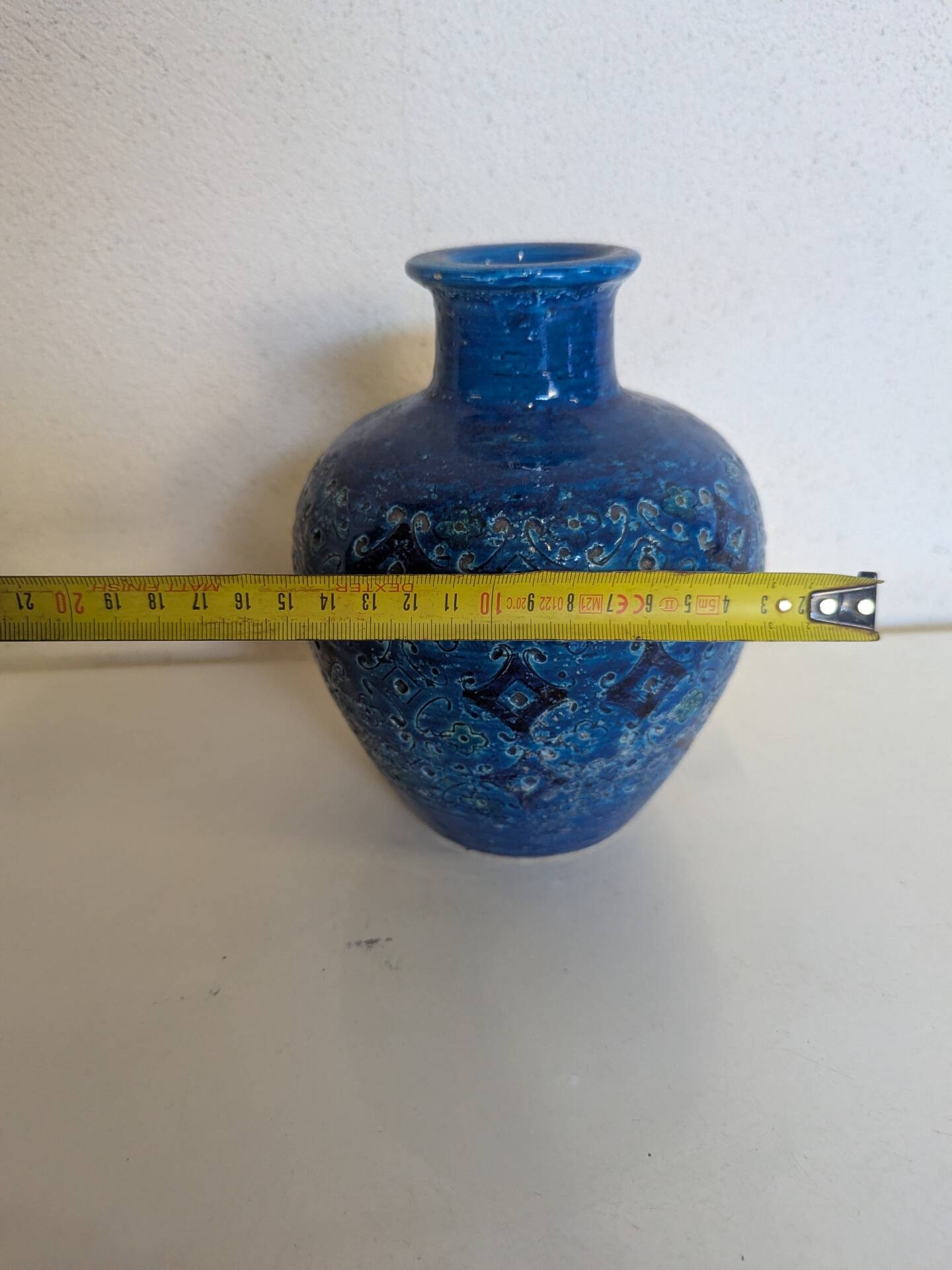Vintage Italian vase in blue glazed ceramic, relief decoration.