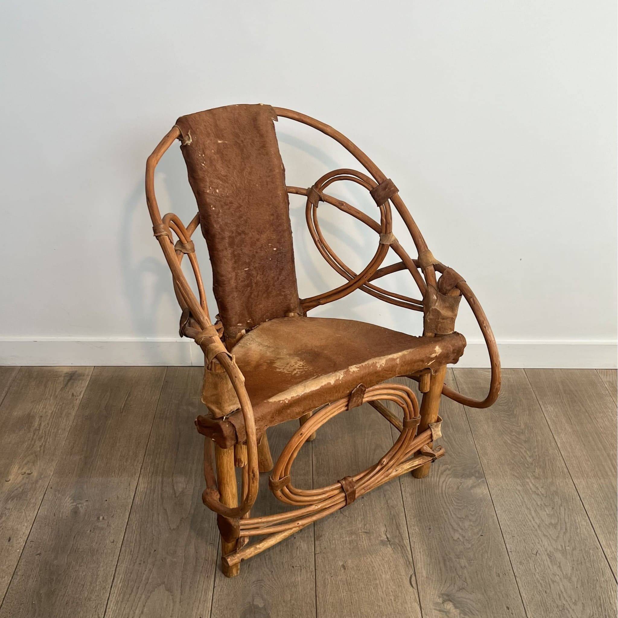 Organic Modernist Armchair in Rattan and Cowhide, Italian Work, A