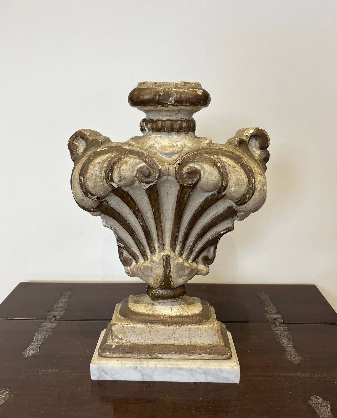 Decorative Element in Carved Wood on a Carrara Marble Base, Baroque I
