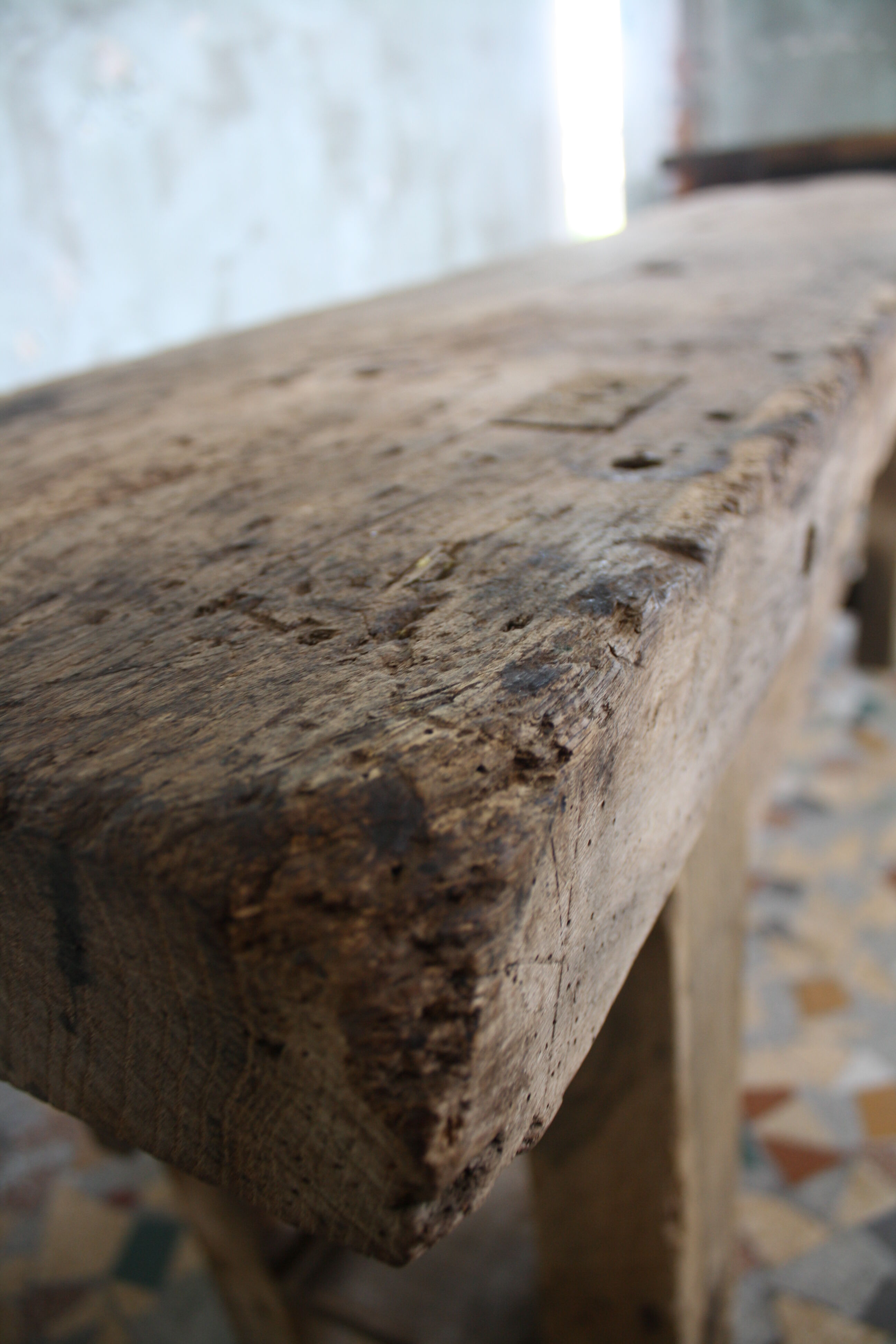 Ancient workbench in raw wood