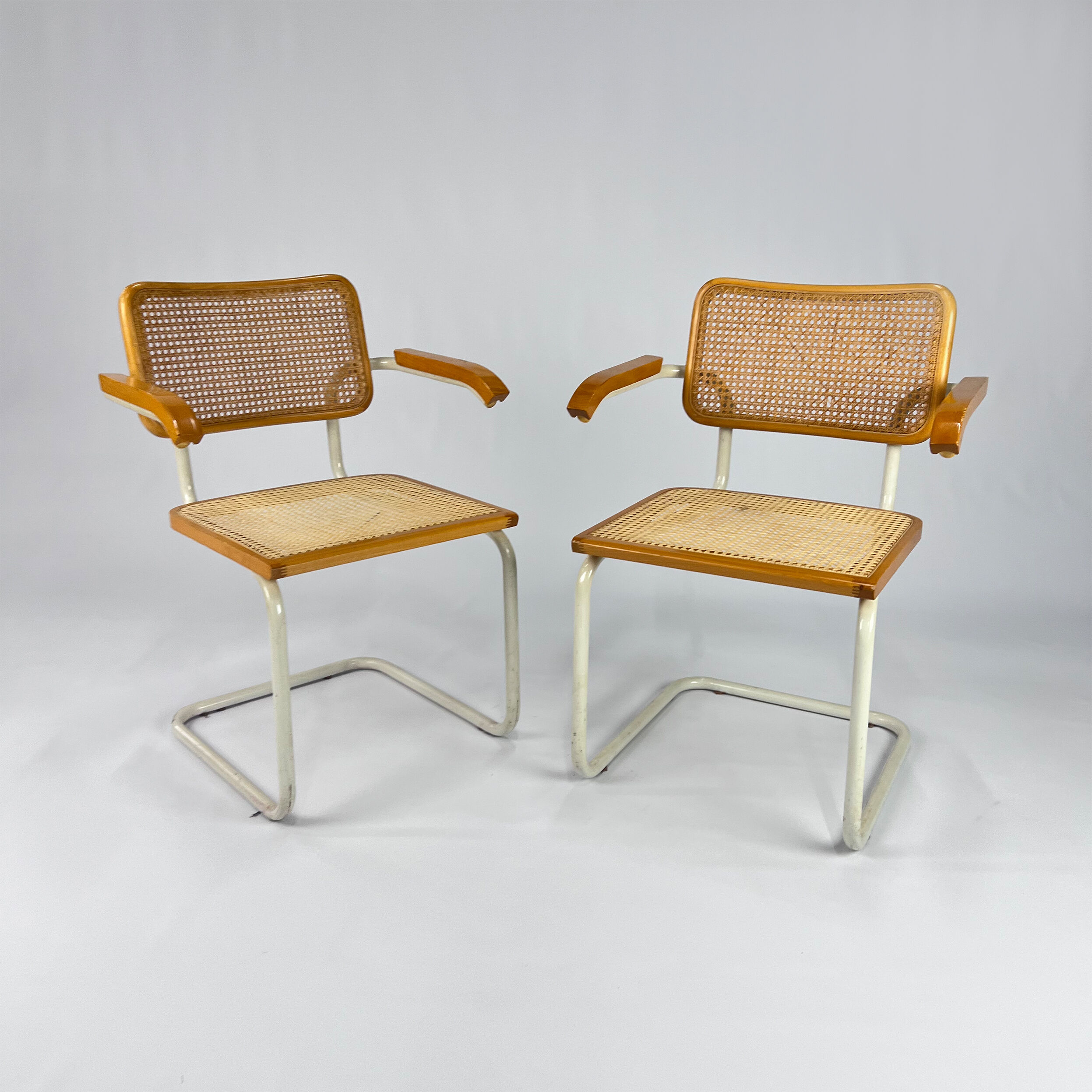 Set of 2 Tubular Frame and Cane Cantilever Arm chairs, Italy, 1970s