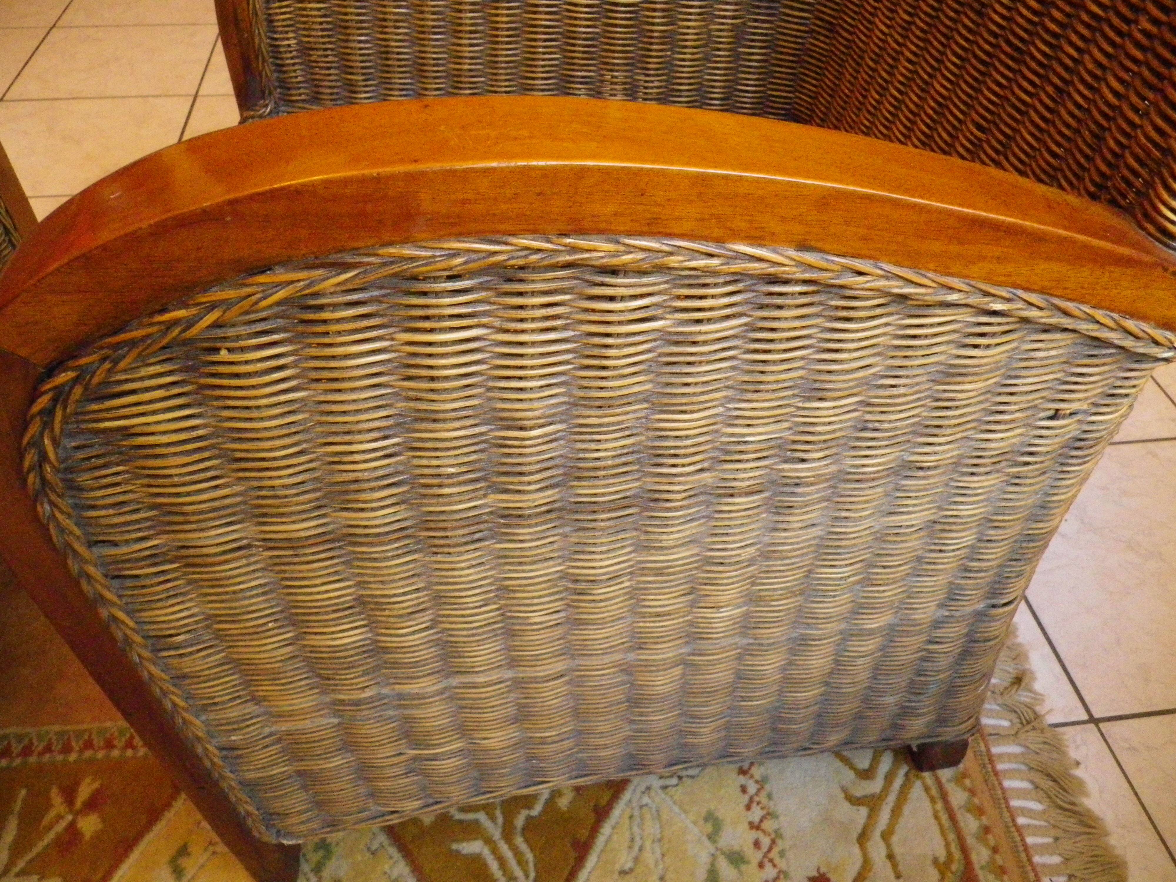 Pair of Club armchairs in ocean liner style, woven rattan and solid wood.