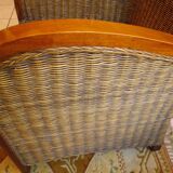 Pair of Club armchairs in ocean liner style, woven rattan and solid wood.