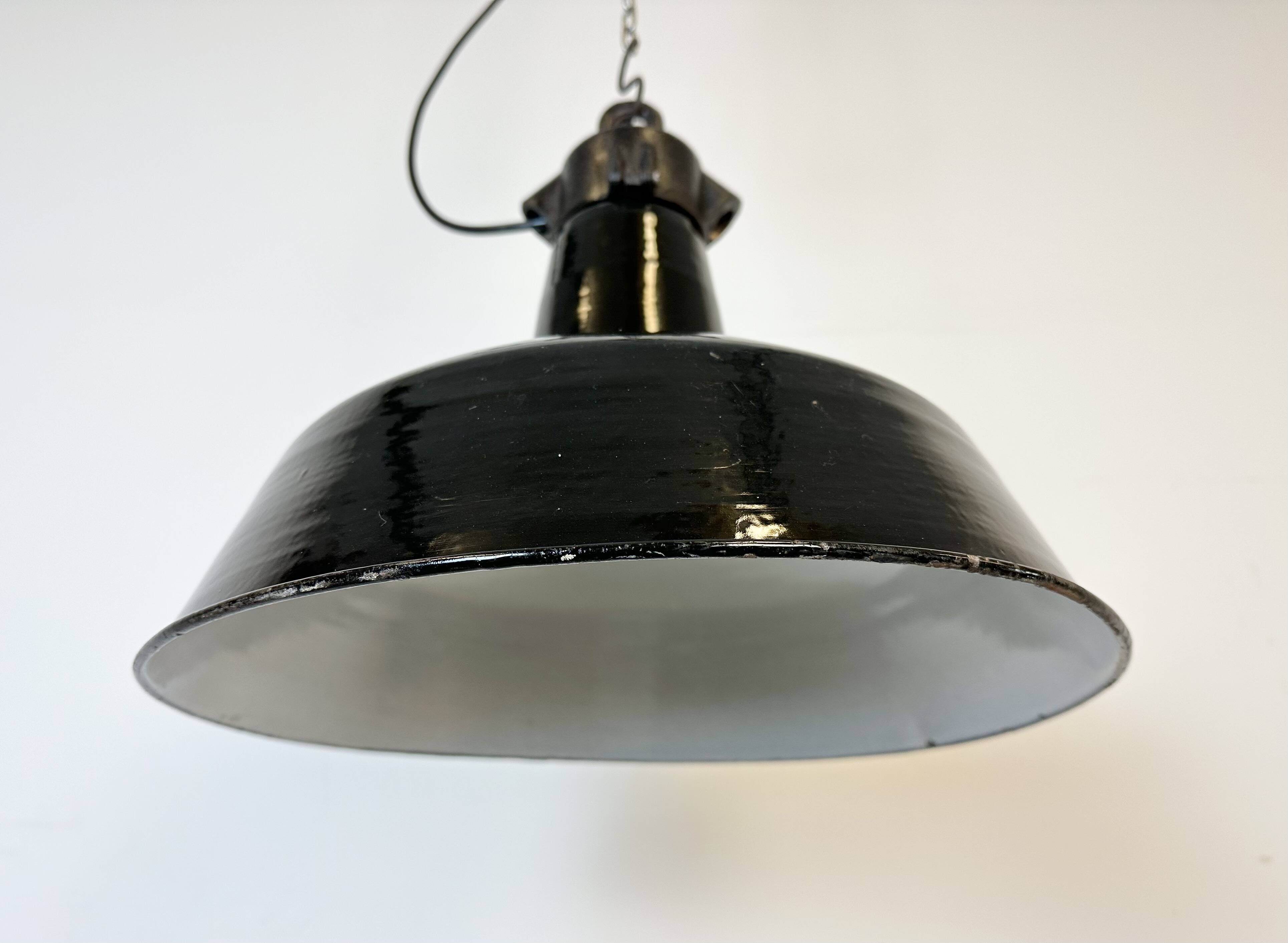 Industrial Black Enamel Factory Lamp with Cast Iron Top, 1950s