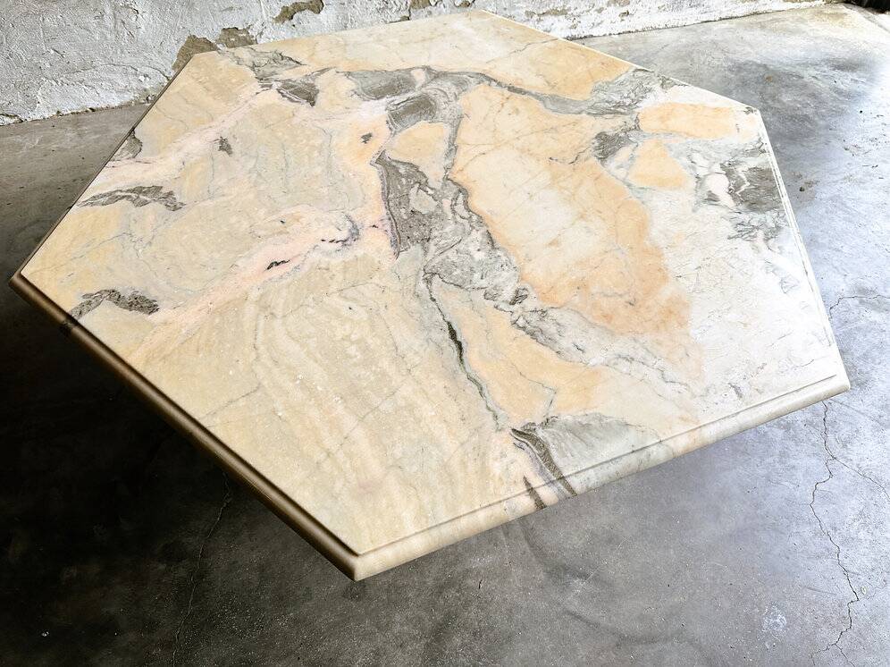 Vintage hexagonal pink and grey marble coffee table, 1980s