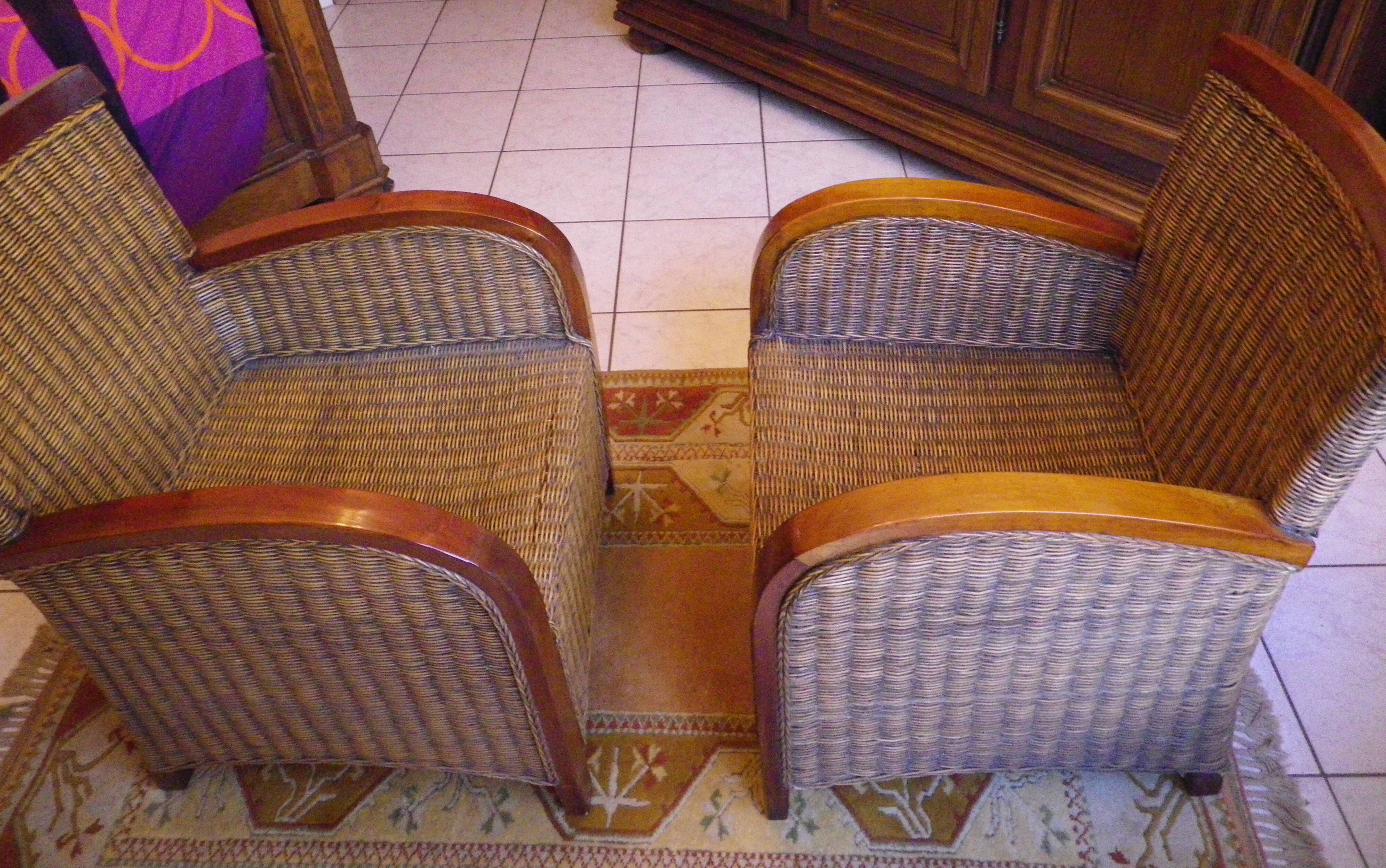 Pair of Club armchairs in ocean liner style, woven rattan and solid wood.