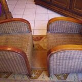 Pair of Club armchairs in ocean liner style, woven rattan and solid wood.