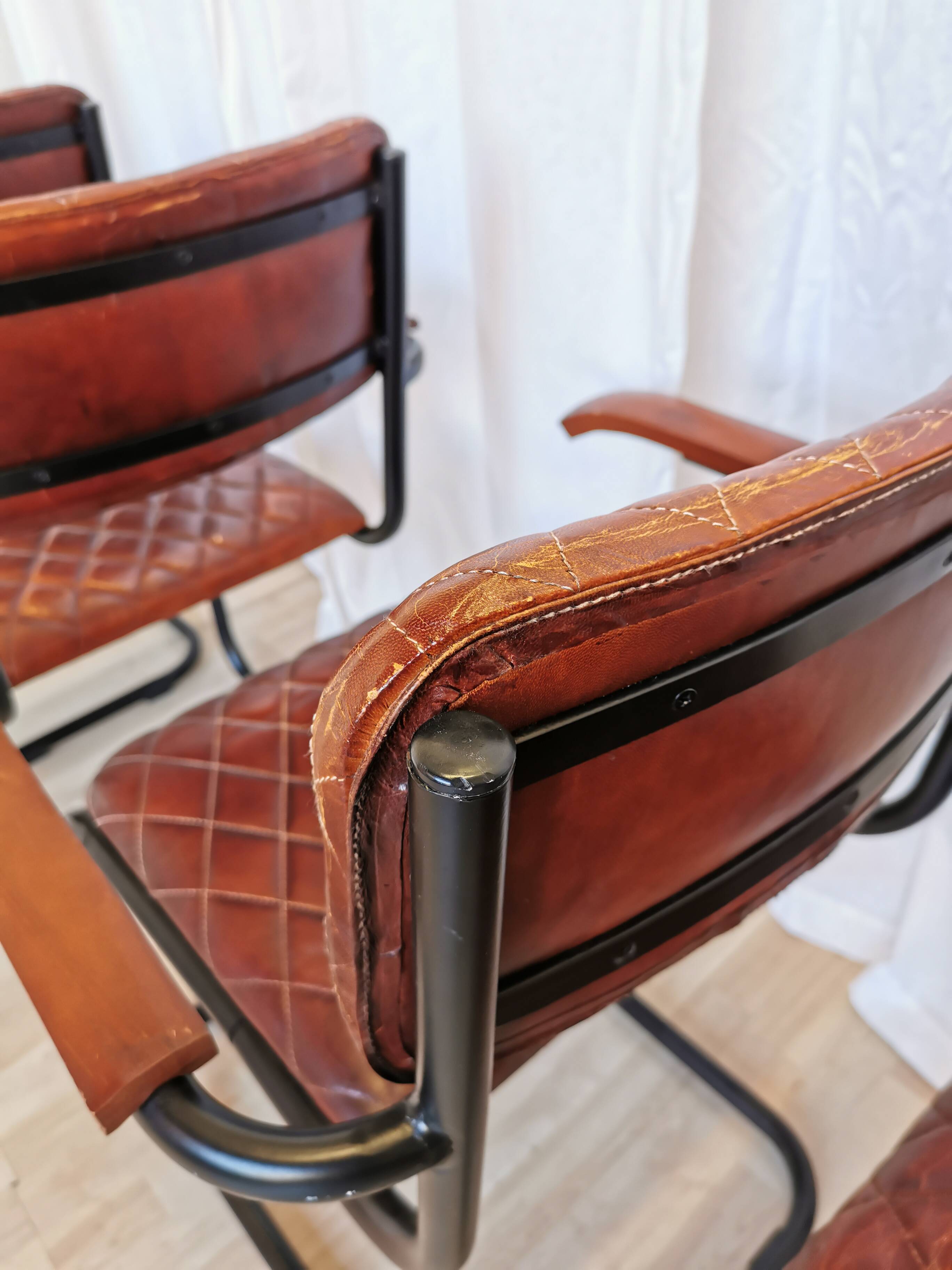 Set of 4 Vintage Quilted Leather Dining Chairs: Black Metal Base