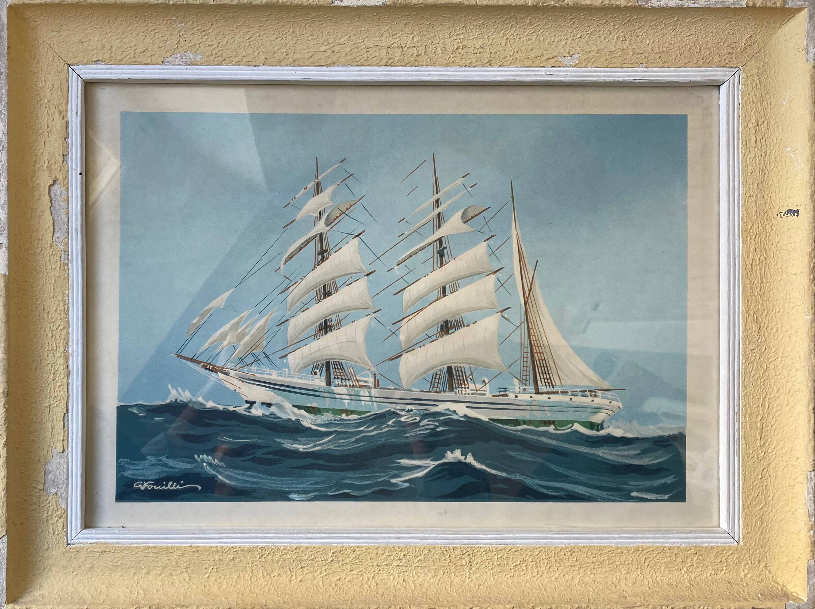 Painting litho Georges Fouillé (1909-1994) three-masted boat marine