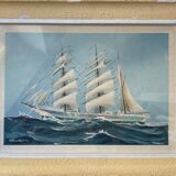 Painting litho Georges Fouillé (1909-1994) three-masted boat marine