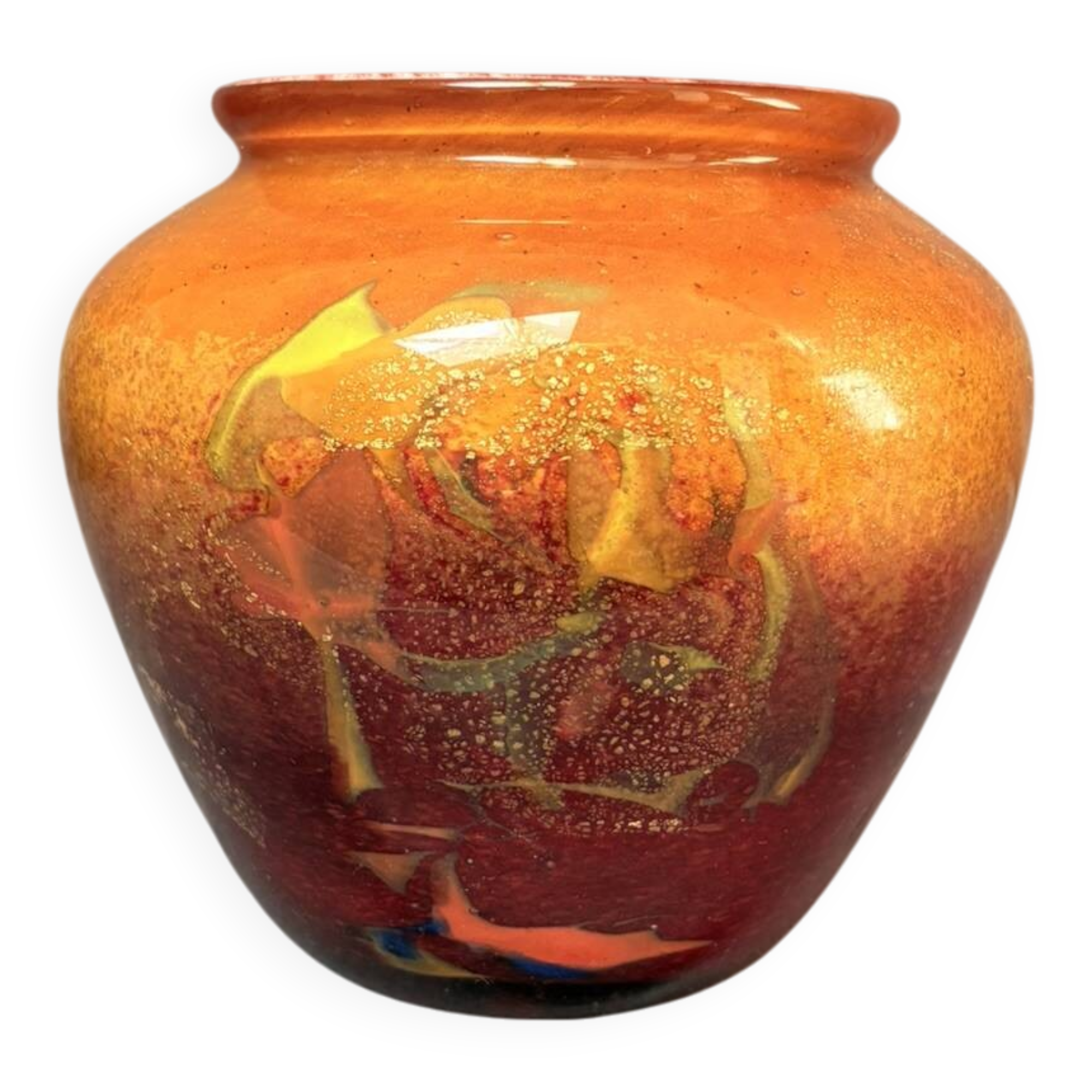 Vase Pot Paste Glass Blown Red Orange Lacquered Marbled Signed Dated Art Deco