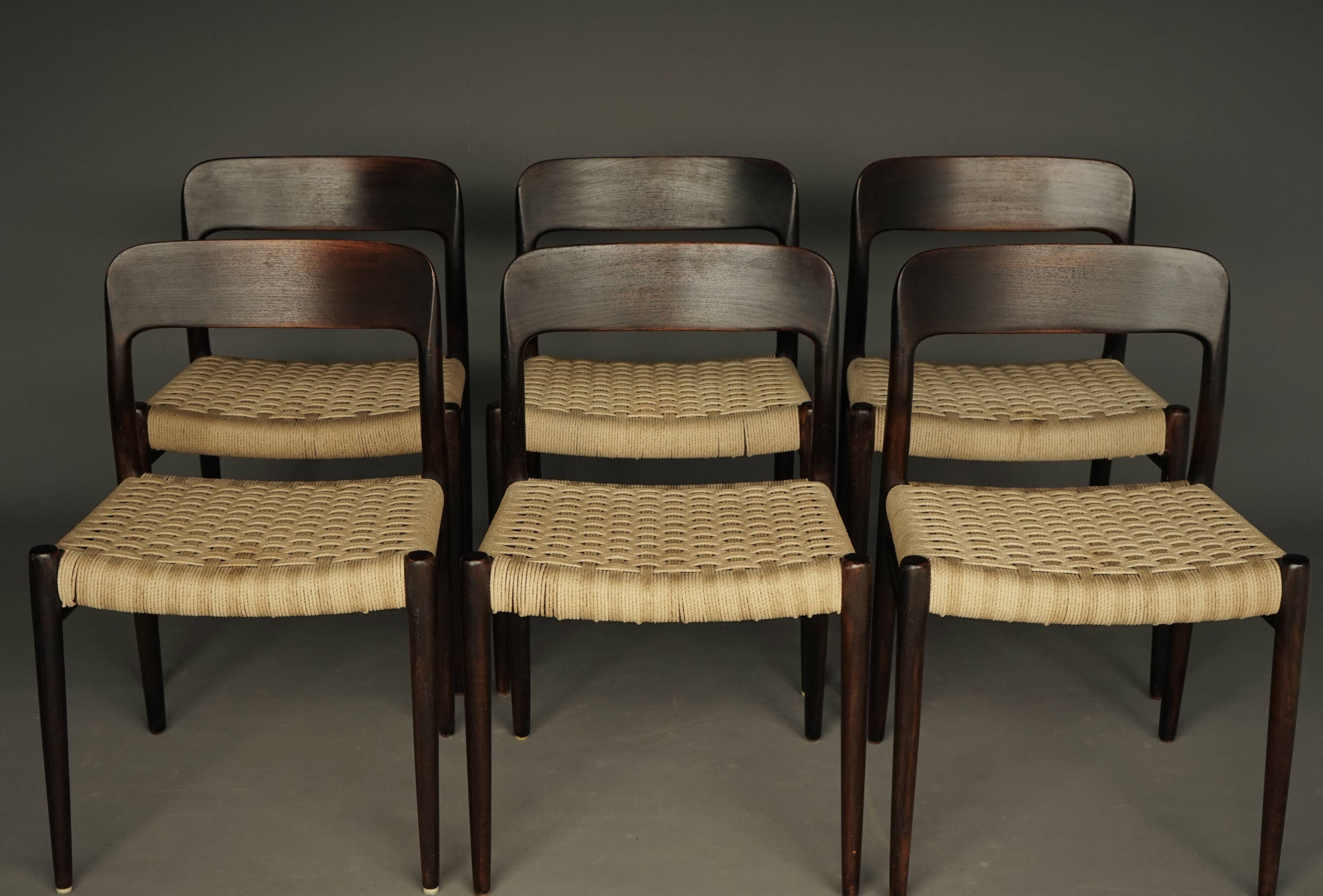Chaises Model 75 par Niels Otto Møller pour J.L. Moller, années 1960, ensemble de 6