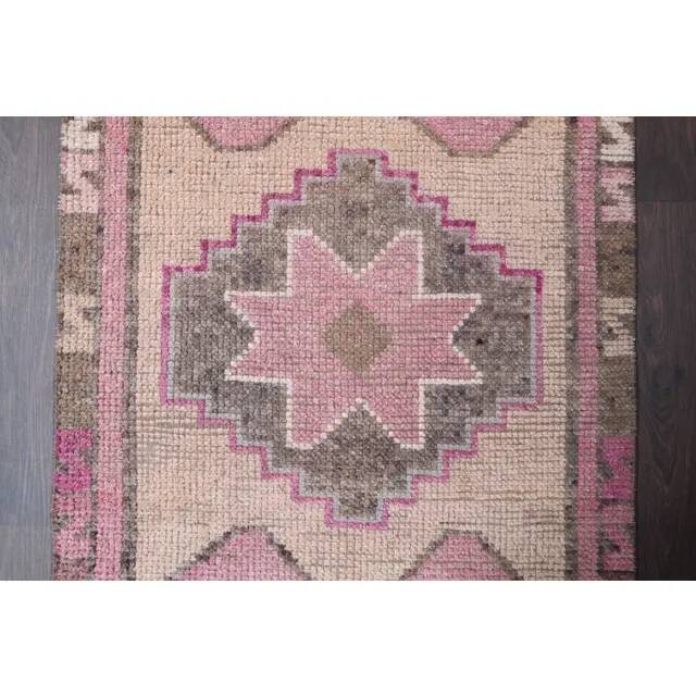Vintage Turkish hand-knotted wool cotton pink runner rug 88x283