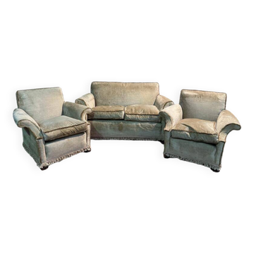Living room sofa and pair of Napoleon III velvet armchairs