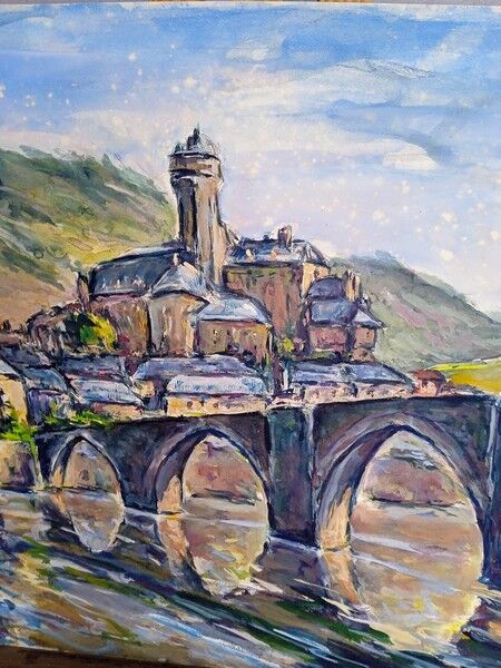 Landscape village old gouache bridge / paper 65/50cm
