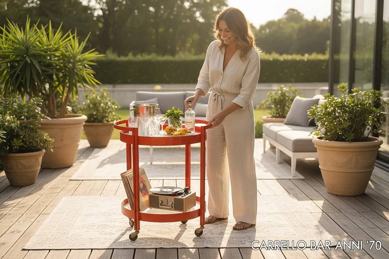 1970s bar trolley, red metal and double glass shelf.