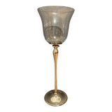 Glass photophore on high metal stand with silver patina