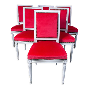 Suite de 6 chaises de style Louis XVI velours rouge