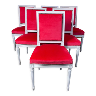 Suite de 6 chaises de style Louis XVI velours rouge