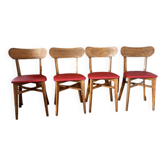 Set of 4 chairs in wood and red vinyl