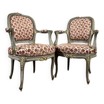 Paire De Fauteuils En Bois Relaqué Gris Rechampi Or De Style Louis XV XIX Eme Siècle