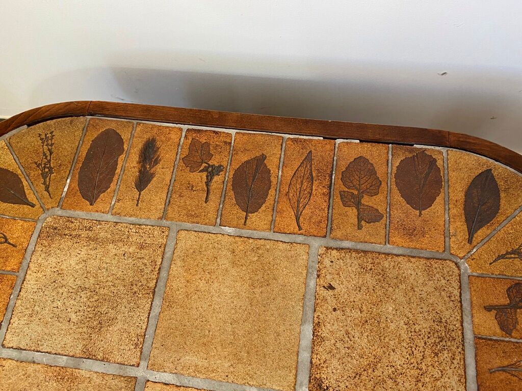 Coffee table Roger Capron ceramic herbarium and vintage wood year 1960
