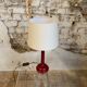 Brick/burgundy colored wooden bedside lamp duo