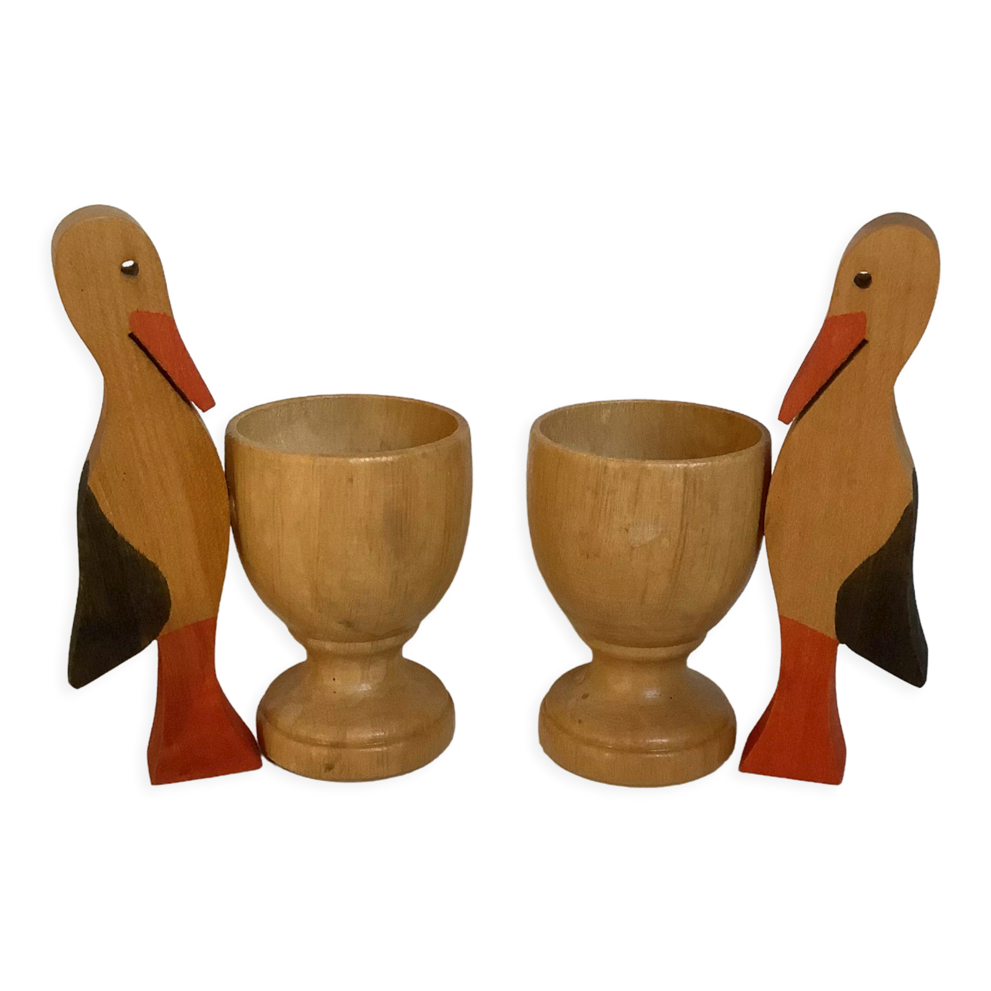 Pair of wooden stork egg cups