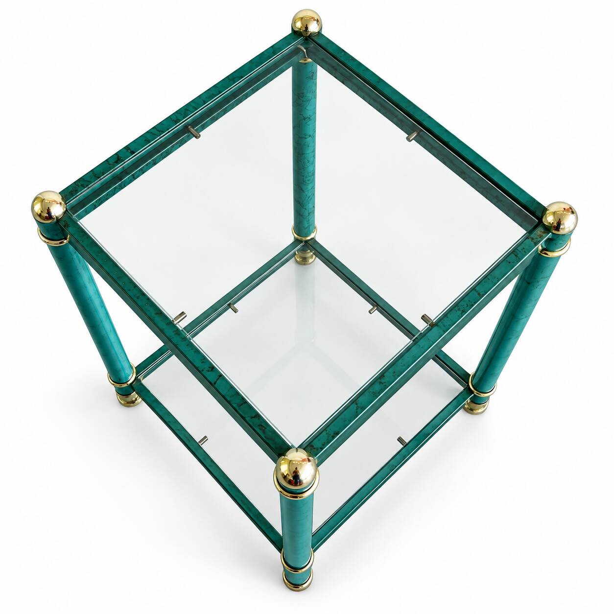 Hollywood Regency Faux Malachite Side Table with Glass Shelves