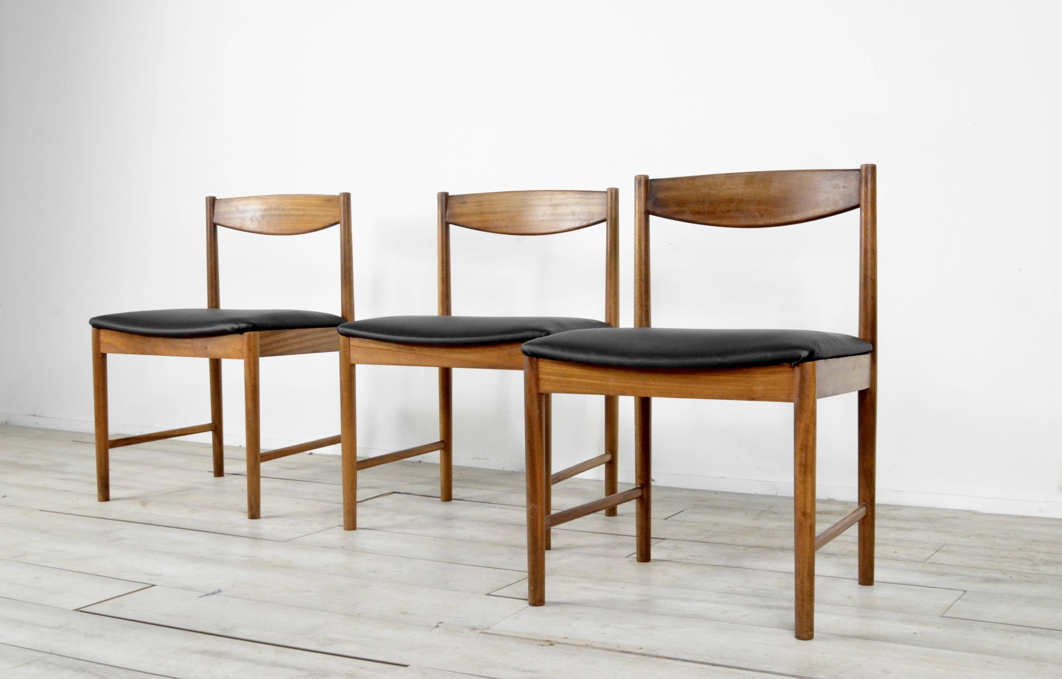 Set Of 4 Midcentury McIntosh Teak And Leatherette Chairs. Vintage Modern