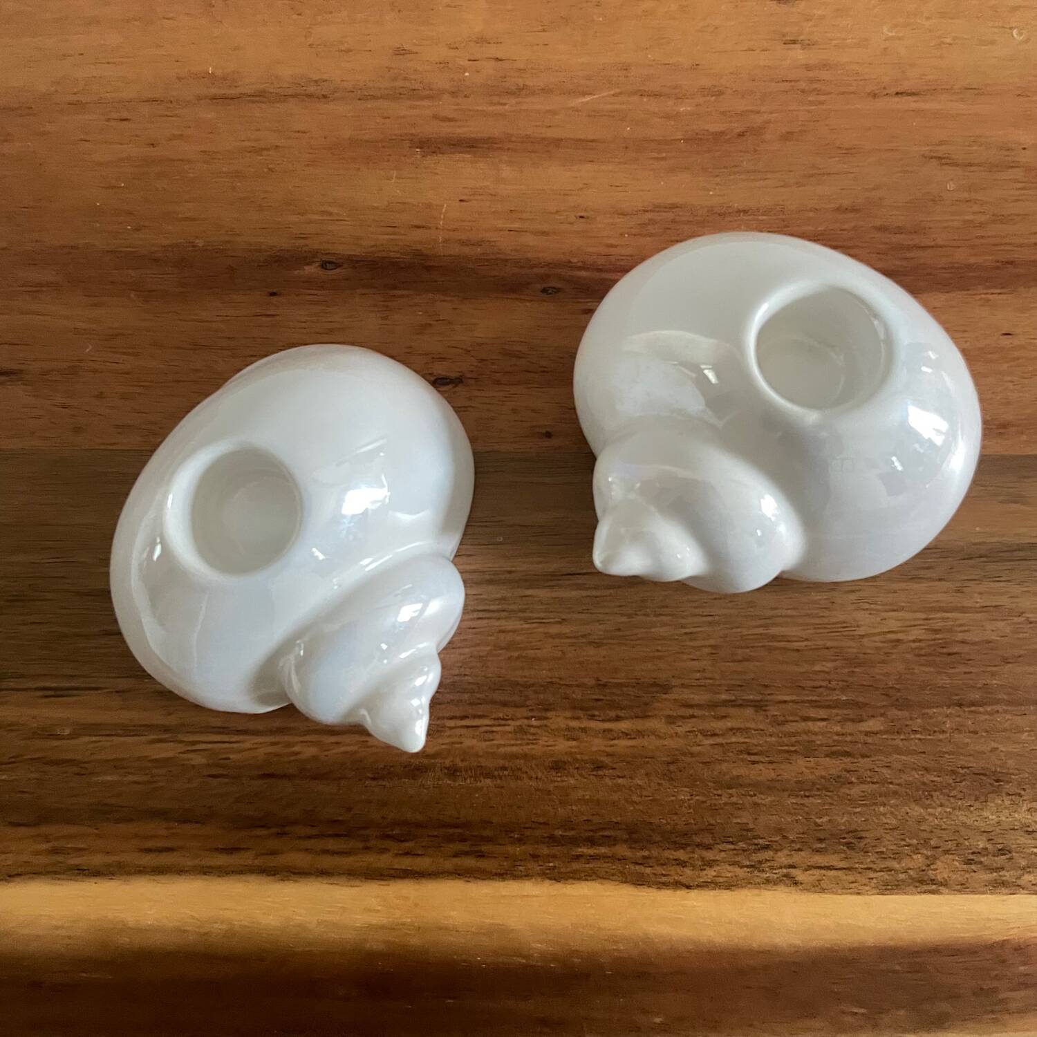 Pair of iridescent ceramic shell candle holders